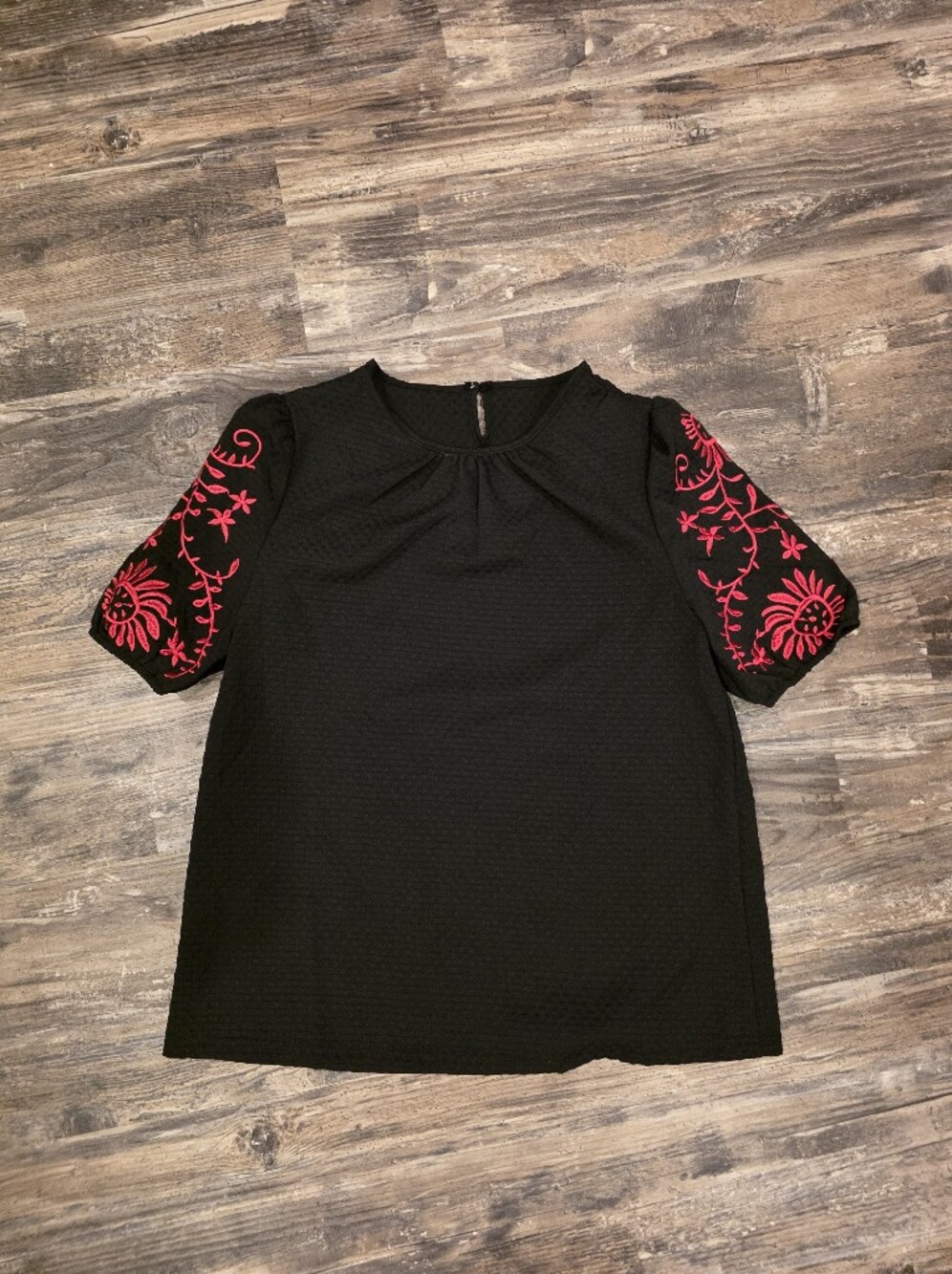 Black Dress with Pink Floral Embroidered Sleeves
